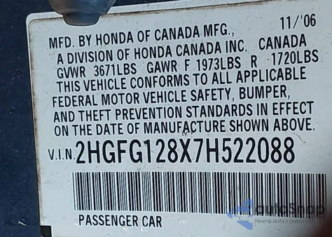 2007 Honda Civic Ex from USA, damaged, VIN 2HGFG128X7H522088